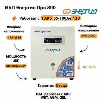 Энергия ИБП Про 800 12В - ИБП и АКБ - ИБП для котлов - магазин электрооборудования amperomvolt.ru